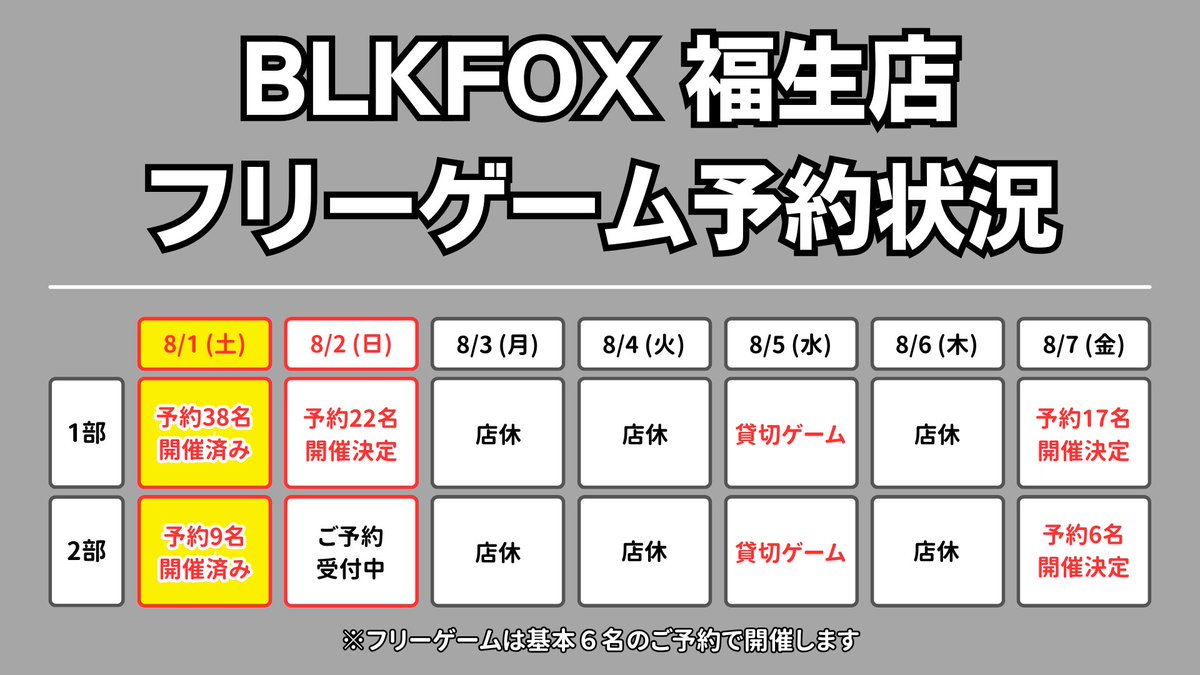 BLKFOX_Airsoft's tweet photo. 8/1 2部フリーゲームお越し頂き誠にありがとうございました！

本日のお写真はこちら↓
https://t.co/EcCrGLoJIz

明日1部フリーゲームも開催となっております
途中参加、遅割大歓迎です！！

4枚目の写真は
明日以降の現在のフリーゲームの予約状況です。
開催が決定している日もありますが、あと少しで開催決定の日がありますので、ご予定合う方はぜひご参加ください。
※フリーゲームは基本6名で開催となります。
※予約状況は随時変動します。

▼フリーゲームのご予約はこちら
https://t.co/p1pzUZZakA

#BLKFOX福生店
#東京都　#福生市
#サバゲー　#サバイバルゲーム
#サバゲーマーさんと繋がりたい
#BLKFOX　#AIRSOFT
#STCサバゲーラリー
#サバラリ
#西東京サバゲー