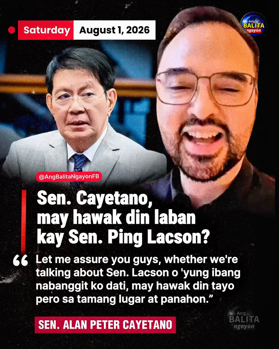 BalitaNgayonFB's tweet photo. “MAY HAWAK DIN TAYO.”

Muling binanggit ni Sen. Alan Peter Cayetano si Sen. Panfilo “Ping” Lacson sa kanyang Facebook livestream nitong Sabado, at iginiit na mayroon din umano silang hawak na impormasyon laban kay Lacson at iba pang personalidad.

“Let me assure you guys, whether we’re talking about Sen. Lacson o ’yung ibang nabanggit ko dati, may hawak din tayo pero sa tamang lugar at panahon.”

Hindi na niya idinetalye kung ano ang tinutukoy niyang impormasyon.

Matatandaang nauna nang nagsumite si Lacson sa Office of the Ombudsman ng mga ebidensiya kaugnay ng aniya’y “ghost” flood control projects sa Taguig City—mga alegasyong mariing itinanggi ni Sen. Alan Peter Cayetano.