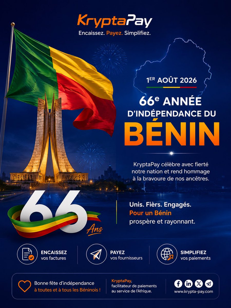 KryptaPay's tweet photo. Joyeuse Fête de l’Indépendance au Bénin ! 🇧🇯🎉
Célébrons la force, l'histoire et le dynamisme de notre nation. Excellente journée de fête nationale à tous !
#Benin #IndependanceDay #229 #KryptaPay https://t.co/BEoIDWP5ST