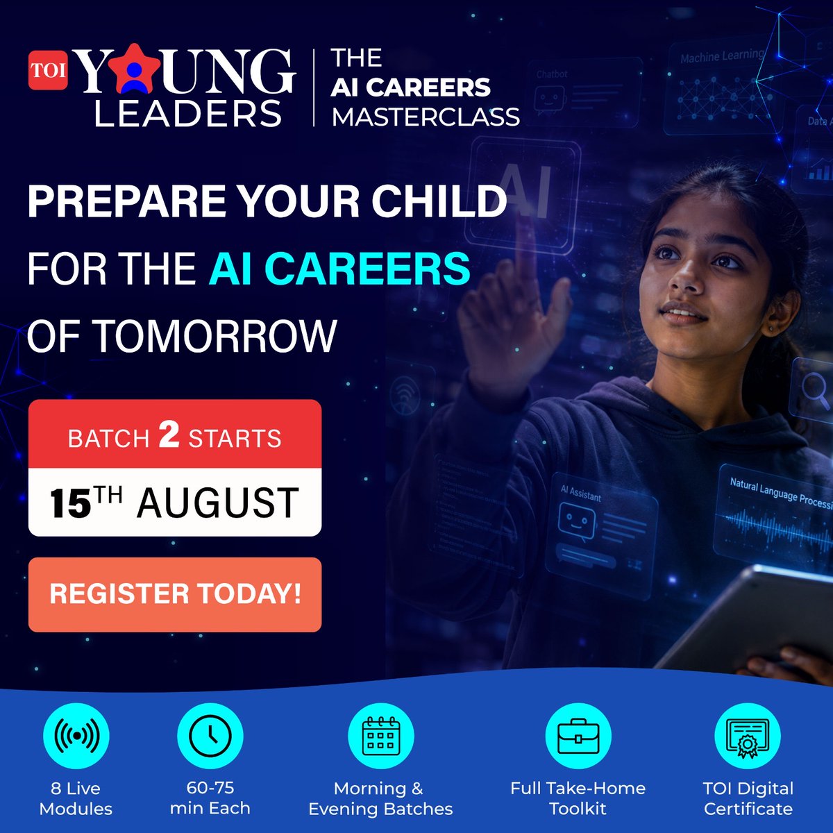 timesofindia's tweet photo. Give your child a head start towards the AI careers of tomorrow with the TOI Young Leaders AI Careers Masterclass.
Batch 2 starts on 15th August. 
Register today: https://t.co/xIix9ARH0s
#TOIYoungLeaders #AIMasterclass #FutureCareers #FutureReady #Parents https://t.co/EkAWfc1CIz