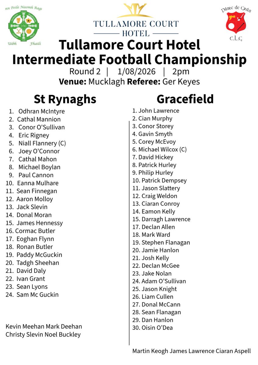 Offaly_GAA's tweet photo. The Teams:

@Tullamore_Court Adult Football Championships. 

Senior B 
@ClgAnTulachMhor V @Ballycumber_GAA 

Intermediate 
@strynaghsfoot V @Gracefield_GAA 

@RhodeGAA V @Brigids_gaa 

@WalshIslandGaa V @RaheenGaa 

Reminder that all games are ticket only and you can get yours at https://t.co/w7tu8bHUjM