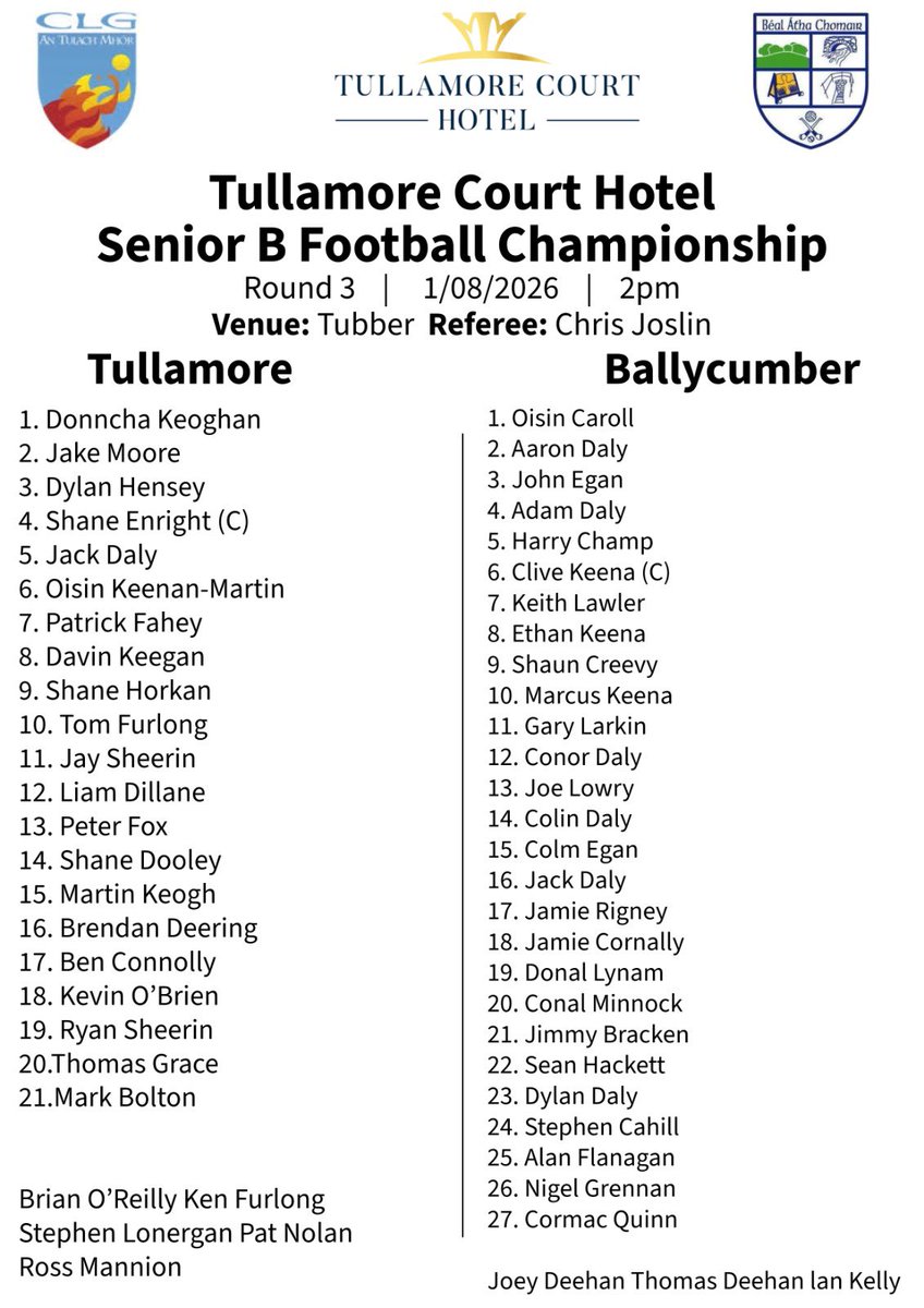 Offaly_GAA's tweet photo. The Teams:

@Tullamore_Court Adult Football Championships. 

Senior B 
@ClgAnTulachMhor V @Ballycumber_GAA 

Intermediate 
@strynaghsfoot V @Gracefield_GAA 

@RhodeGAA V @Brigids_gaa 

@WalshIslandGaa V @RaheenGaa 

Reminder that all games are ticket only and you can get yours at https://t.co/w7tu8bHUjM
