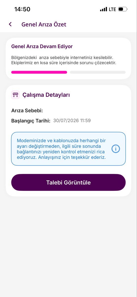 neviens_'s tweet photo. @TurkNetDestek @Turknet 30/07/2026 11:59 itibarıyla internet erişimimiz kesildi. Arıza nedenine ilişkin bir açıklama ya da süreçle ilgili bir bilgilendirme yapılmıyor. https://t.co/l0YvGCbLuq