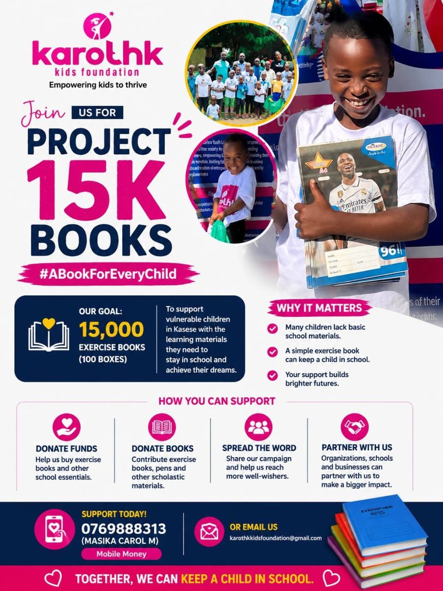 Kkids_Foundatn's tweet photo. How you can support:
✔️Donate exercise books.
✔️Make a financial contribution.
✔️Share the campaign with your networks.
Every contribution, no matter how small, brings us closer to our goal. #Project15KBooks https://t.co/amMmbkmDr8