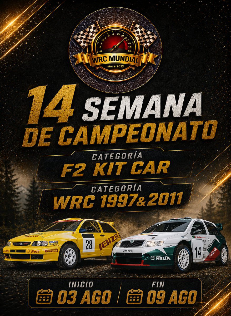 WrcMundial's tweet photo. 🏁🔥 ¡Pasado mañana vuelve la acción! 🔥🏁

Arranca la 14ª Semana del Campeonato, 2 rallies nuevos por concretar según el sorteo:

🚗 F2 Kit Car
🏆 WRC 1997 &amp; 2011

📅 Del lunes 03 de agosto al domingo 09 de agosto

🌐 Toda la información en nuestra web 👇
https://t.co/WezD16Shui https://t.co/D5u35RqkVr