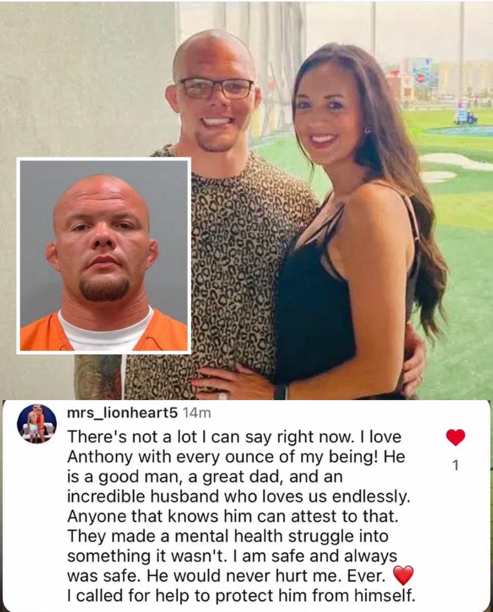 DovySimuMMA's tweet photo. Anthony Smith’s wife makes a statement regarding his arrest 

“I love Anthony with every ounce of my being! He is a good man, a great dad, and an incredible husband who loves us endlessly. Anyone that knows him can attest to that.
They made a mental health struggle into something it wasn't. I am safe and always was safe. He would never hurt me. Ever. I called for help to protect him from himself”