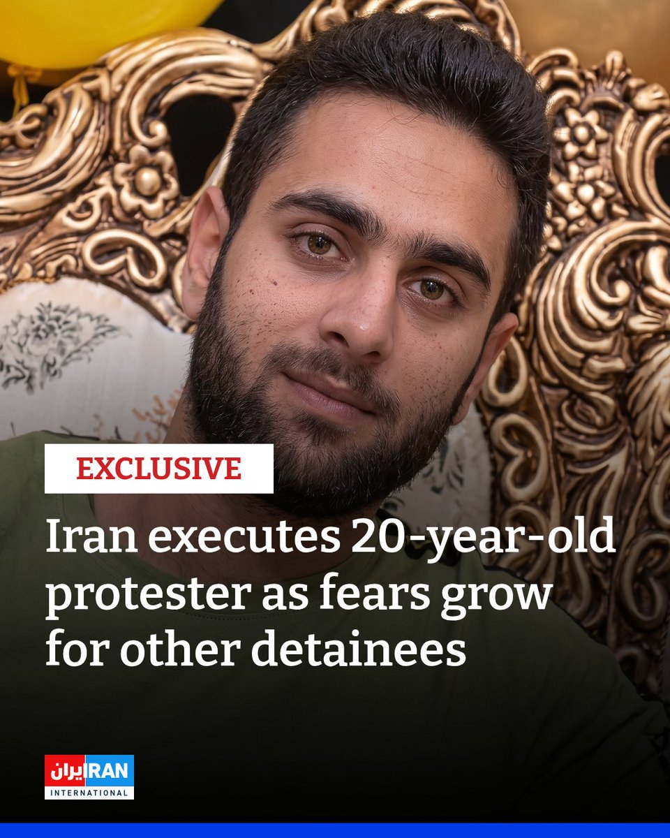 IranIntl_En's tweet photo. Iranian authorities executed 20-year-old protester Arvin Kheirkhah at Shahroud prison on Saturday morning, according to information obtained by Iran International, amid concerns that several other detainees could also face execution.

Kheirkhah was arrested during the January protests and sentenced to death by a Revolutionary Court on charges including moharebeh, or “waging war against God.” He was transferred to solitary confinement on Wednesday ahead of the execution.

His family gathered outside Shahroud prison on Friday night in an attempt to stop the sentence from being carried out. According to information received by Iran International, Kheirkhah told his family in a final conversation: “Don’t let them forget me. We stood up for the liberation of our homeland. Don’t let the path we chose be silenced.”
https://t.co/MY3JODlR37
