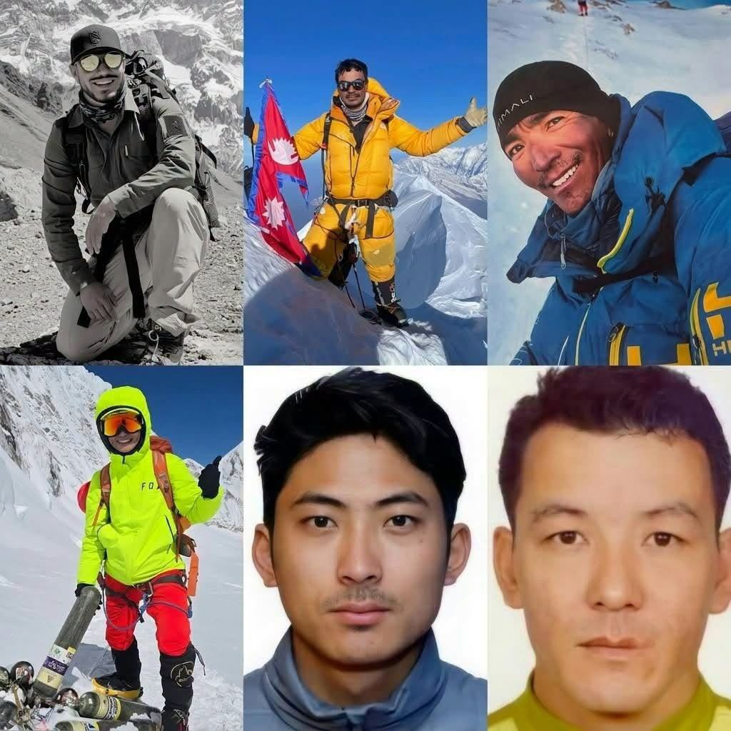 newraj244's tweet photo. Six brave Nepali mountaineers, Nirmal Purja, Pur Bahadur Tamang, Nima Sherpa, Kili Pemba Sherpa, Gyalu Sherpa &amp; Nawang Thindu Sherpa are no more with us. You will never be forgotten. 💔🕊️

#PeaceInHeaven🙏🕉️🕊️ https://t.co/nSitBLRVfZ