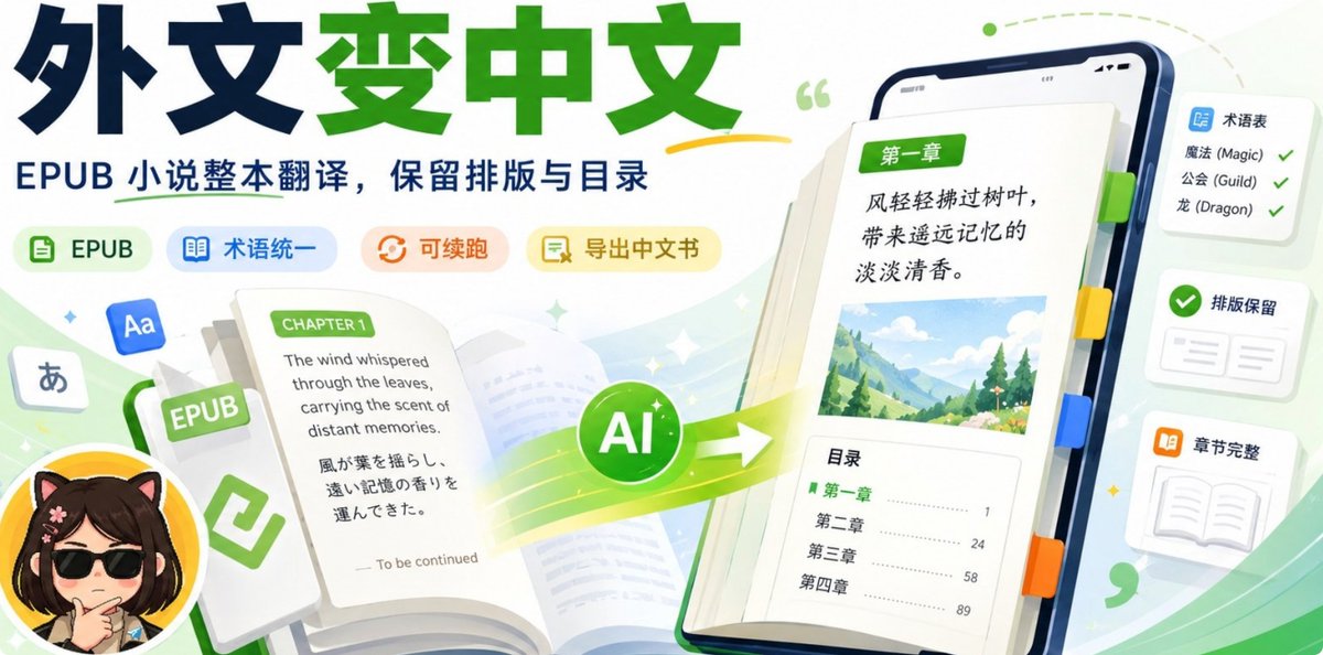 fhwofjow51260's tweet photo. 外文小说看不懂？这个开源工具直接翻成中文 EPUB。

推荐一个开源项目 文译（Wenyi），支持把 EPUB、FB2、TXT 等格式小说一键翻译成中文电子书。它会先分析整本书的章节和术语，再进行翻译、润色和审校，尽量保证人名、地名、称呼前后一致，还能保留原书排版、图片和目录。 

https://t.co/3z3EOfTSUq https://t.co/ozBx5m8Yoc