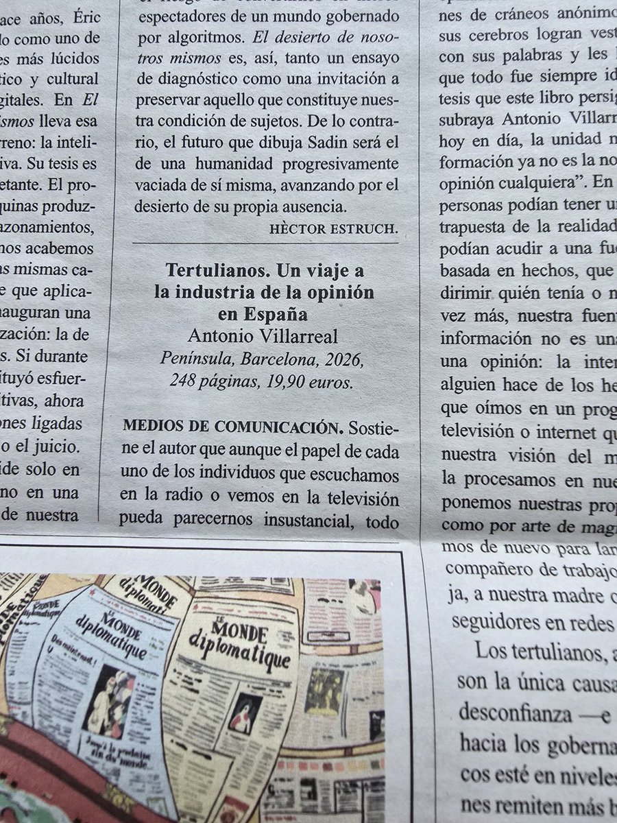 bajoelbillete's tweet photo. Un amigo lector de la versión en español de Le Monde Diplomatique me advierte de que han reseñado 'Tertulianos' en el numero de julio.

Ahí va la prueba. Muy agradecido, por la reseña —que es casi más una paráfrasis— y por el aviso: https://t.co/VQlevHwOJo
