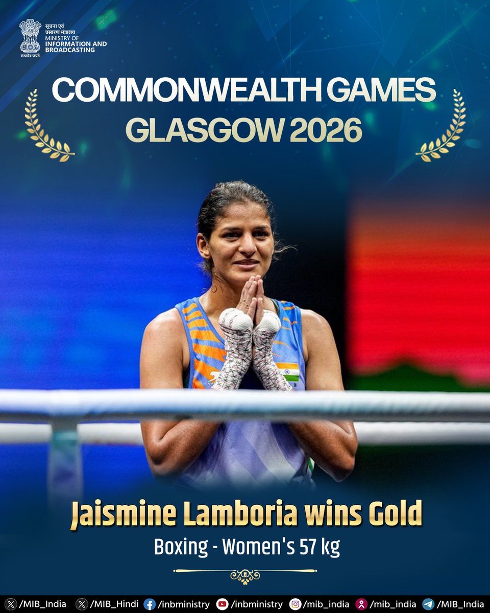 MIB_India's tweet photo. Another Golden moment for India! 🥇🇮🇳

Jaismine Lamboria wins Gold Medal in the Women's 57kg Boxing event at #CWG2026. https://t.co/QLCjfSk08s