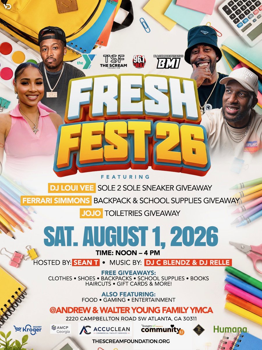 DJSCREAM's tweet photo. Join us for Fresh Fest 2026 as we help families get ready for the school year with FREE backpacks, school supplies, sneakers, clothes, books, haircuts, gift cards, toiletries, food, entertainment, and more.

It takes a village, and I’m grateful to everyone partnering with us to make a real impact in our community.

📍 Andrew & Walker Young Family YMCA
🗓️ Saturday, August 1, 2026
⏰ 12 PM – 4 PM

Bring the family, spread the word, and let’s make sure our kids start this school year with confidence.

See y’all there. ❤️