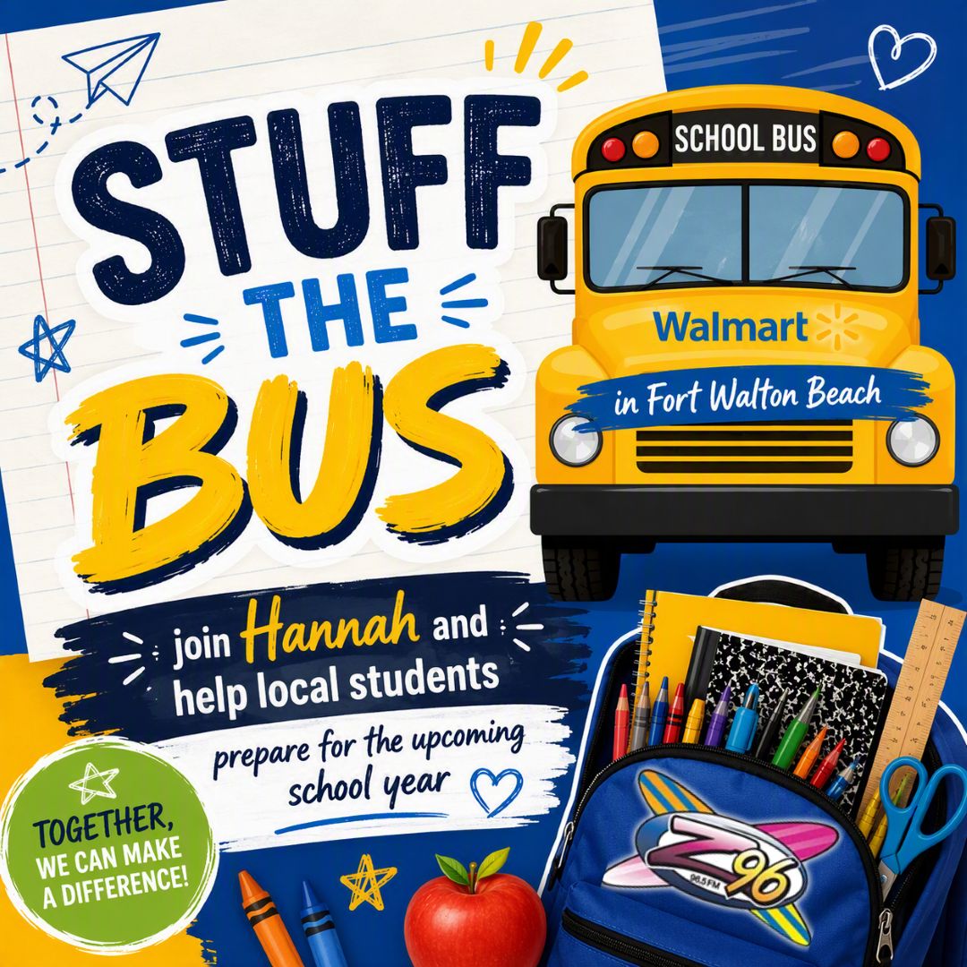 z96fwb's tweet photo. It's time to Stuff the Bus! Join Hannah &amp; Z96 at Walmart in FWB from 8-10am🛒 Pick up extra school supplies while shopping the state tax free holiday &amp; Stuff the Bus for the Okaloosa Public Schools Foundation! Thanks to Eglin Federal Credit Union &amp; Humana Healthy Horizons in FL! https://t.co/3BS7w9Rgbx