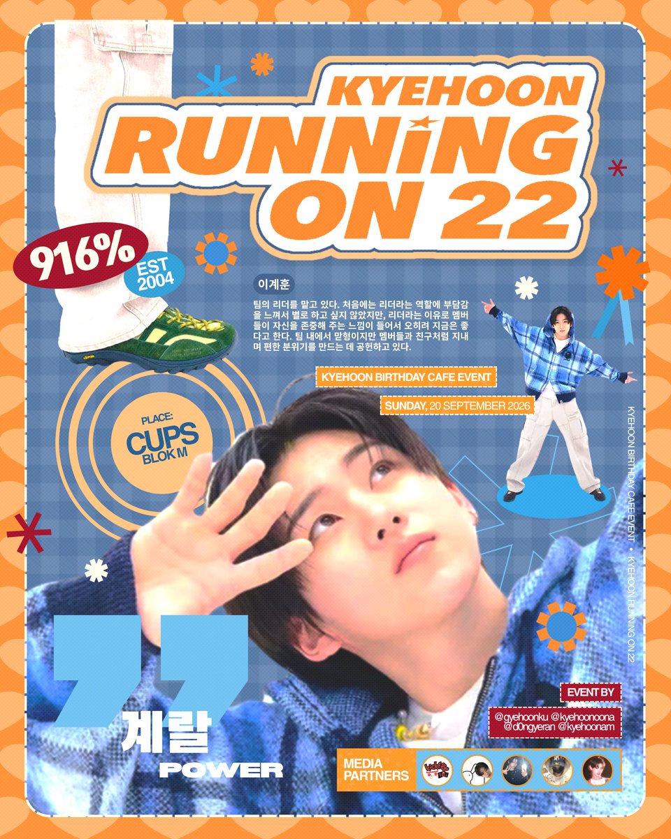 d0ngyeran's tweet photo. 🛹 RUNNING ON 22 🦊

Lee Kyehoon Birthday Cafe Event in Jakarta 
by @gyehoonku @kyehoonoona @d0ngyeran @kyehoonam

🗓️ Sunday, 20th September 2026
⏰ Session 1: 13.00 - 14.30 WIB
⏰ Session 2: 15.00 - 16.30 WIB
📍 CUPS - Blok M
💰: HTM Rp 65.000

📢 RSVP will open on August 8th at 7.00 PM (WIB)
Session 1: https://t.co/xn9ziN0Wym 
Session 2: https://t.co/ZqTtxc2uqc 

Let's catch the of celebrate special day Lee Kyehoon's 22nd birthday!!! Let’s fill this space with 100% love and unforgettable memories 🧡✨

#KYEHOONRUNNINGON22  #HappyKyehoonDay #916KYENERGY