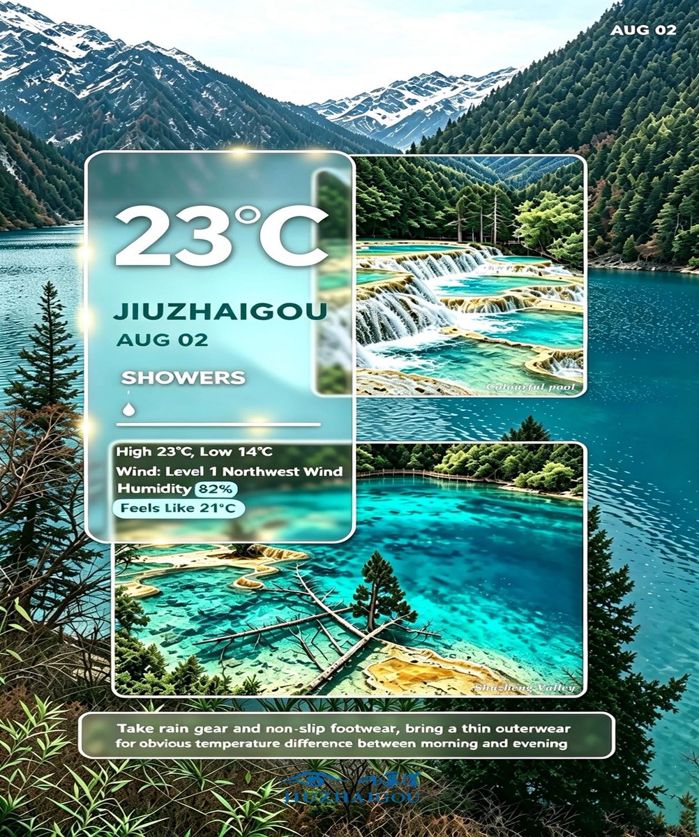 JiuzhaigouCHN's tweet photo. Planning a trip this weekend? Here's the official weather outlook for August 2.🌿✨
Showers expected, 23°C dropping to 14°C at night. Light winds, humidity at 82%.
What to Pack: Rain gear, non-slip footwear, and a light jacket.
#Jiuzhaigou #ChinaTravel #WeekendEscape https://t.co/vqZzutwbFT