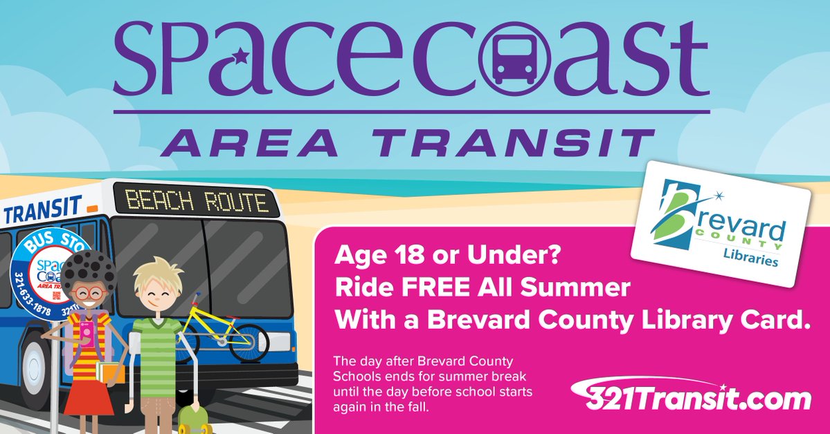 321Transit's tweet photo. Are you 18 or younger with a Brevard County Library card? Ride free on #SpaceCoastAreaTransit May 23–Aug 9, 2026! Show your card to ride.
https://t.co/4UxkIcYRXE
#321Transit #BrevardCounty @BrevardCo_FL https://t.co/SjhOc7Xzpv