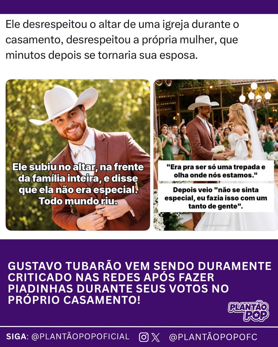 plantaopopofc's tweet photo. GUSTAVO TUBARÃO VEM SENDO DURAMENTE CRITICADO NAS REDES APÓS FAZER PIADINHAS DURANTE SEUS VOTOS NO PRÓPRIO CASAMENTO! https://t.co/bK7JsKNDK8