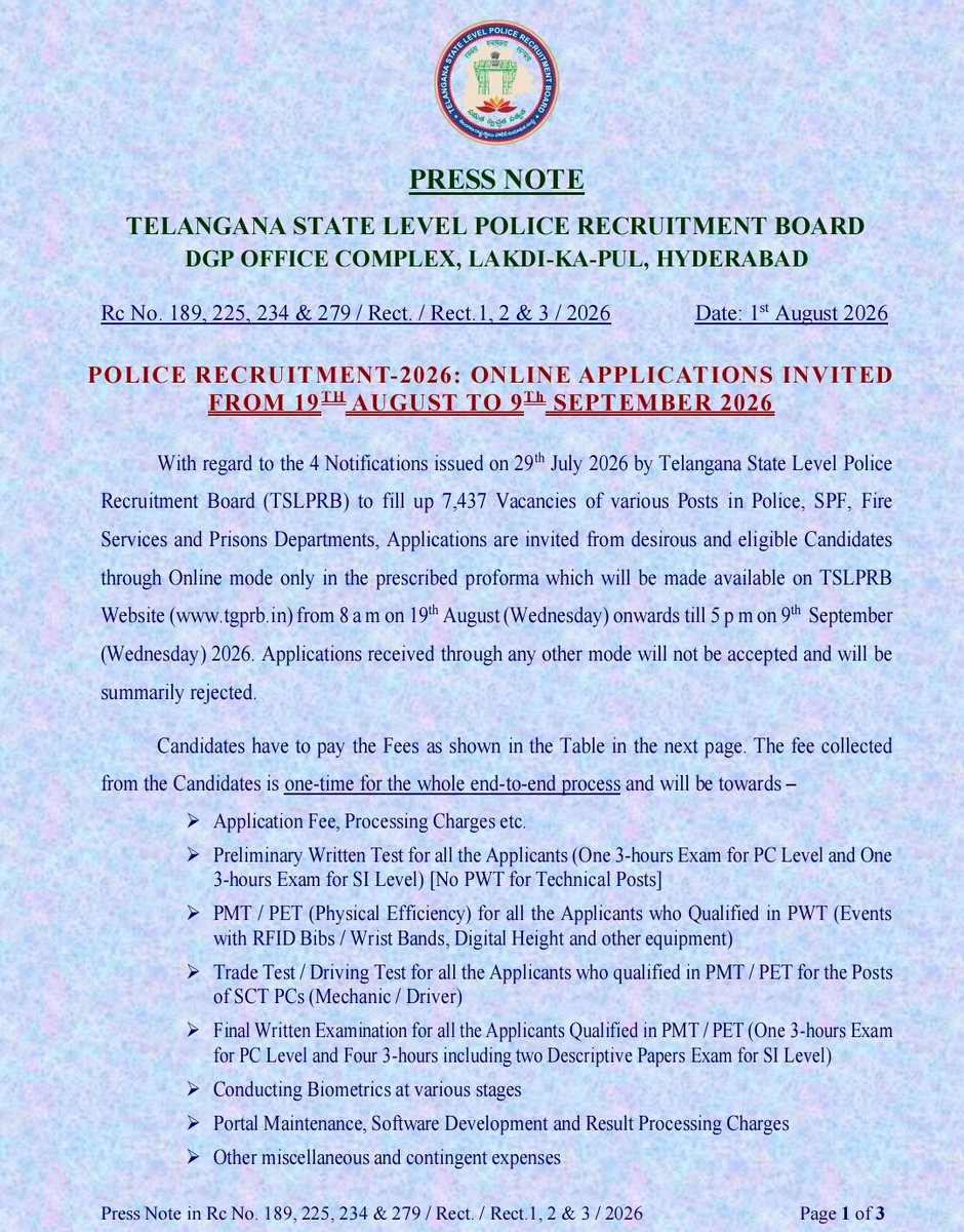 NewsMeter_In's tweet photo. #Telangana #PoliceRecruitment 2026

Online applications for 7,437 posts in the #Police, #SPF, #FireServices &amp; #PrisonsDepartments will be accepted from Aug 19 to Sept 9. 

Nearly 7,000 vacancies are for #Constables &amp; equivalent posts.

@TelanganaCOPs #TSLPRB #Jobs https://t.co/GrDQ6gLd4a