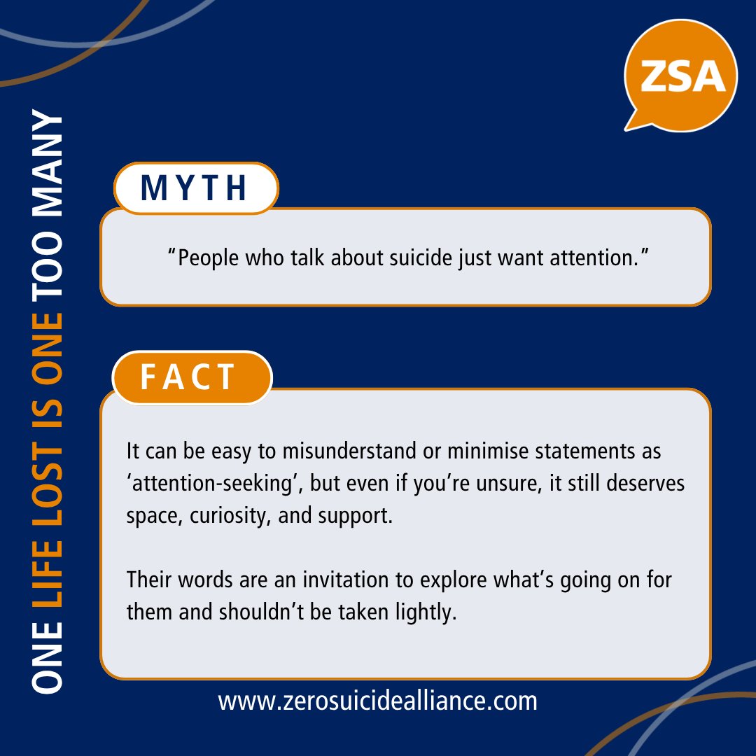 Zer0Suicide's tweet photo. Many people speak about suicide because they’re overwhelmed, scared, or unsure how else to express their distress. Labelling that as 'attention‑seeking' can close the door when someone needs connection.

When we respond with curiosity and care, we help people feel seen and that can be life‑changing.

#SuicideAwareness #Mythbusting