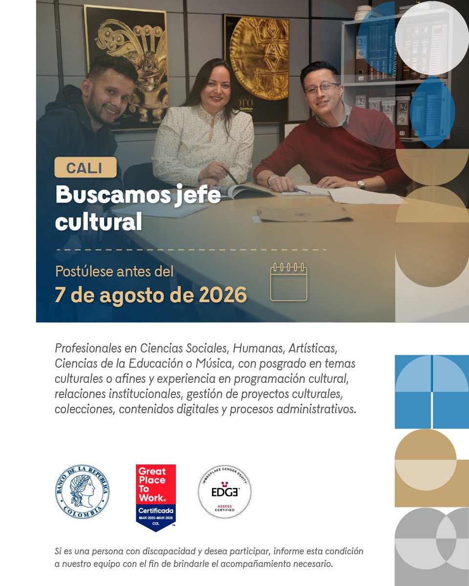 BancoRepublica's tweet photo. ¡Haga parte del #TalentoBanRep y deje huella en Colombia!
Buscamos jefe cultural en Cali. Postúlese hasta el 7 de agosto de 2026, consulte más información 👉 https://t.co/0uVJ0uckxn
Importante: Las ofertas de empleo del Banco de la República son completamente gratuitas y no se requiere de intermediarios para acceder o participar en las mismas.