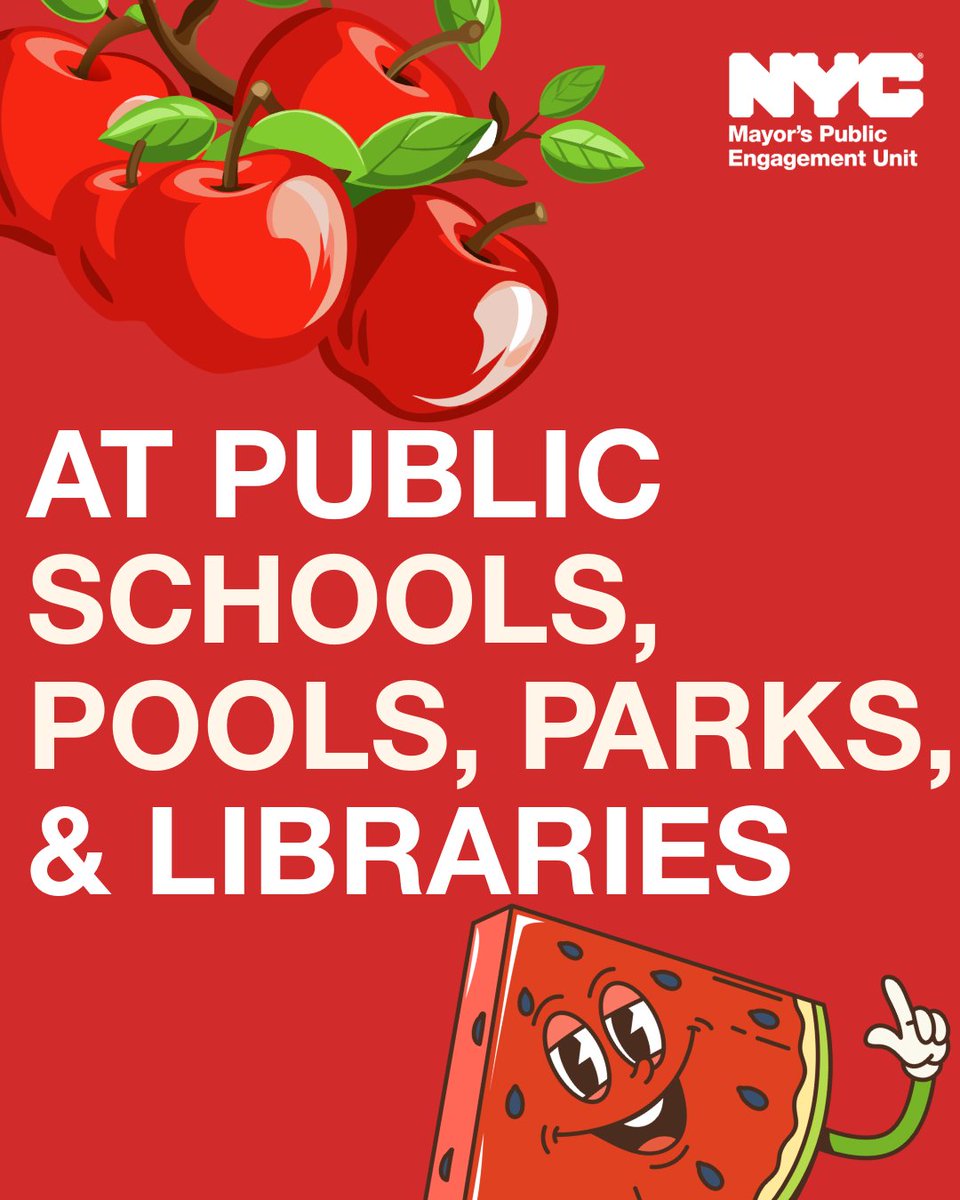 MayorsPEU's tweet photo. Summer isn't over yet — which means anyone who's 18 years old or younger can still enjoy FREE breakfast and lunch at all NYC public schools, community pool centers, parks, and libraries across NYC! 🍎🥦🍊

To learn more visit : https://t.co/zs9WWxt0ou

 #FreeSummerMeals https://t.co/jPjl5N6HsQ
