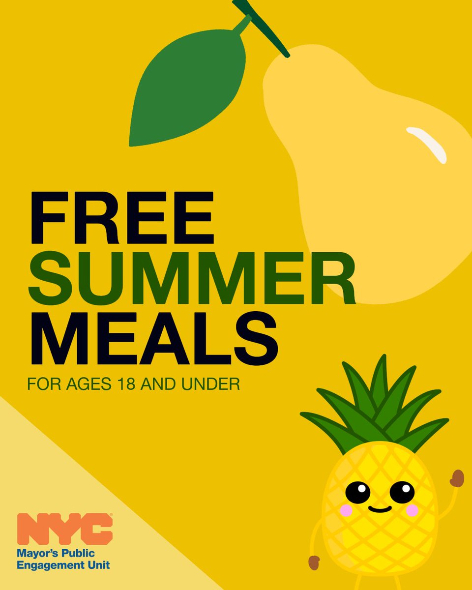 MayorsPEU's tweet photo. Summer isn't over yet — which means anyone who's 18 years old or younger can still enjoy FREE breakfast and lunch at all NYC public schools, community pool centers, parks, and libraries across NYC! 🍎🥦🍊

To learn more visit : https://t.co/zs9WWxt0ou

 #FreeSummerMeals https://t.co/jPjl5N6HsQ