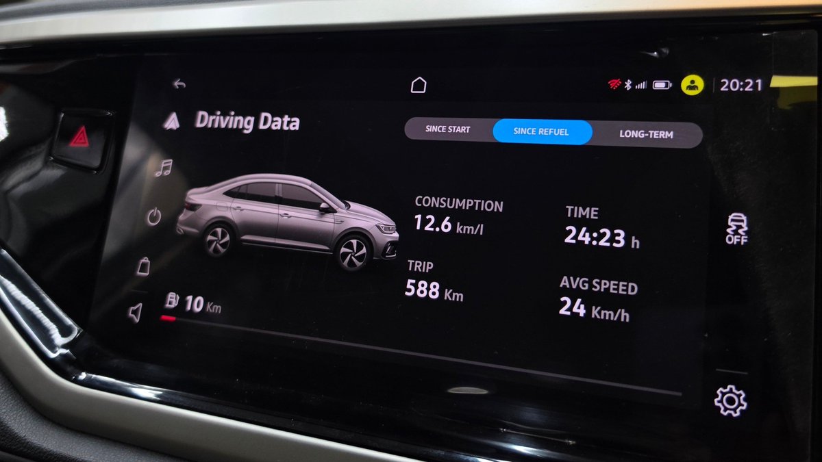 Pmkphotoworks's tweet photo. I can confirm that my car too has had its mileage reduced due to E20 fuel, despite being E20 compliant.

I purchased the Volkswagen Virtus 1.0 AT in April 2024, and I have used Speed 95 petrol from Bharat Petroleum since day one.

Here is a comparison of a full tank on my office route, both at a similar average speed of 24-25 km/h: 

Pic 1 (Before E20): 588kms at 12.6kmpl
Pic 2 (After E20): 449kms at 10.4kmpl

That is roughly a 17.5% drop in mileage!

Mr. Gadkari had claimed a maximum reduction of 6%, which would have meant a mileage of around 11.84kmpl. My real world numbers are nearly 3 times worse than that! 

This is the WORST time to own a petrol car, especially a turbo petrol one.