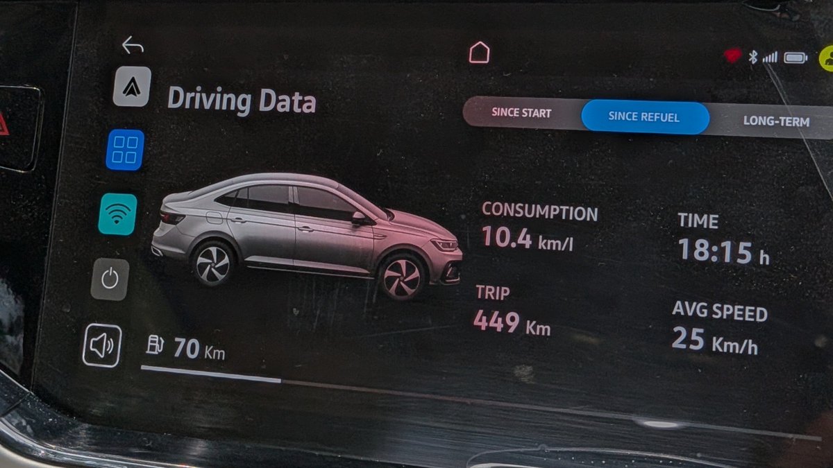 Pmkphotoworks's tweet photo. I can confirm that my car too has had its mileage reduced due to E20 fuel, despite being E20 compliant.

I purchased the Volkswagen Virtus 1.0 AT in April 2024, and I have used Speed 95 petrol from Bharat Petroleum since day one.

Here is a comparison of a full tank on my office route, both at a similar average speed of 24-25 km/h: 

Pic 1 (Before E20): 588kms at 12.6kmpl
Pic 2 (After E20): 449kms at 10.4kmpl

That is roughly a 17.5% drop in mileage!

Mr. Gadkari had claimed a maximum reduction of 6%, which would have meant a mileage of around 11.84kmpl. My real world numbers are nearly 3 times worse than that! 

This is the WORST time to own a petrol car, especially a turbo petrol one.