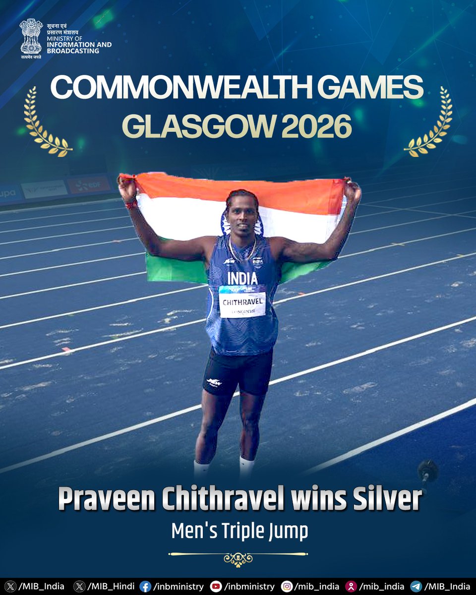 MIB_India's tweet photo. India's medal march continues! 🥈🇮🇳

Praveen Chithravel clinches Silver Medal in the Men's Triple Jump at #CWG2026. https://t.co/n3kp6kuBTW