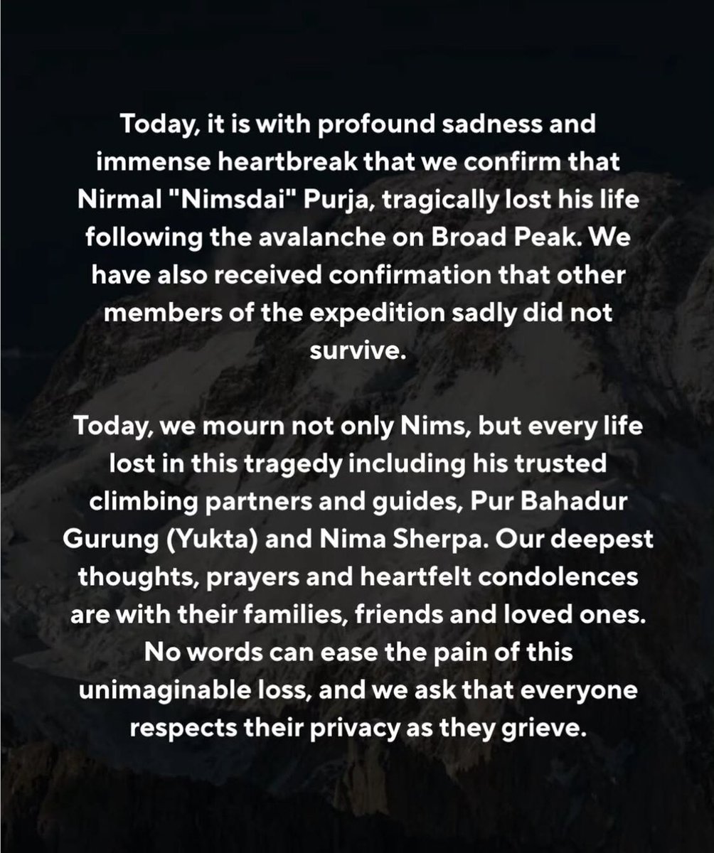 RoyalAdvClub's tweet photo. Sadly no one survived in Broad Peak avalanche incident

#BroadPeak #Avalanche #NimsDai #Pakistan #MountainRescue #mingma #nirmalpurja #recovery #gilgitbaltistan #k2 #skardu #adventuresports #mountaineering #climbing #tourism #royaladventureclub https://t.co/X1y5MCq6GE