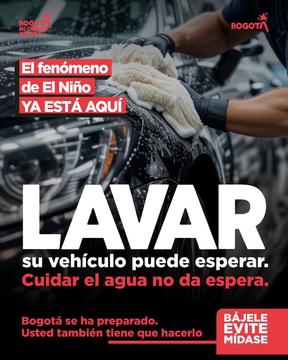 AcueductoBogota's tweet photo. 🚗 No siempre es necesario lavar el carro cada semana.

⏳ Antes de hacerlo, pregúntese si realmente puede esperar un poco más.

💧 El #FenómenoDeElNiño ya está aquí, bájele al desperdicio. https://t.co/1yQ1oo1vYT