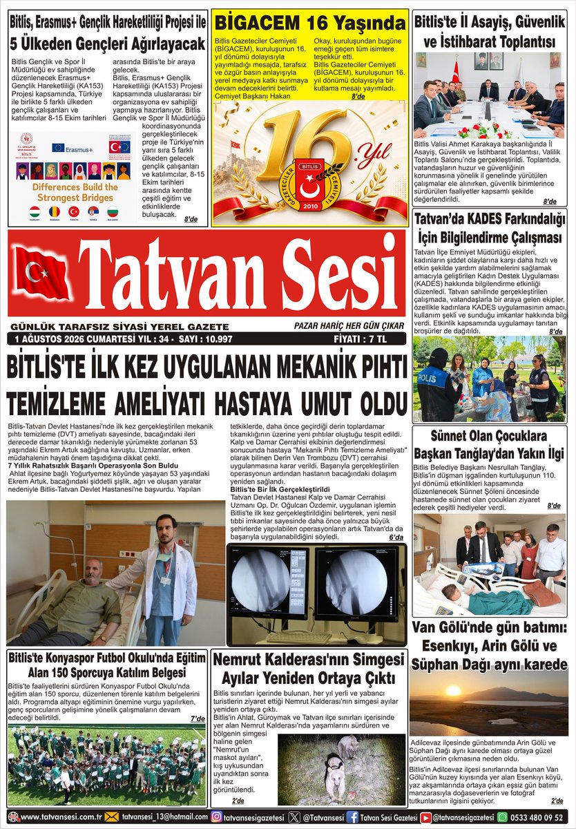 TatvanSesi's tweet photo. 1 AĞUSTOS 2026 CUMARTESİ
https://t.co/9aYCJgp3QM

#Bitlis #Tatvan #Ahlat #günlükgazete https://t.co/yMte5kSmWf