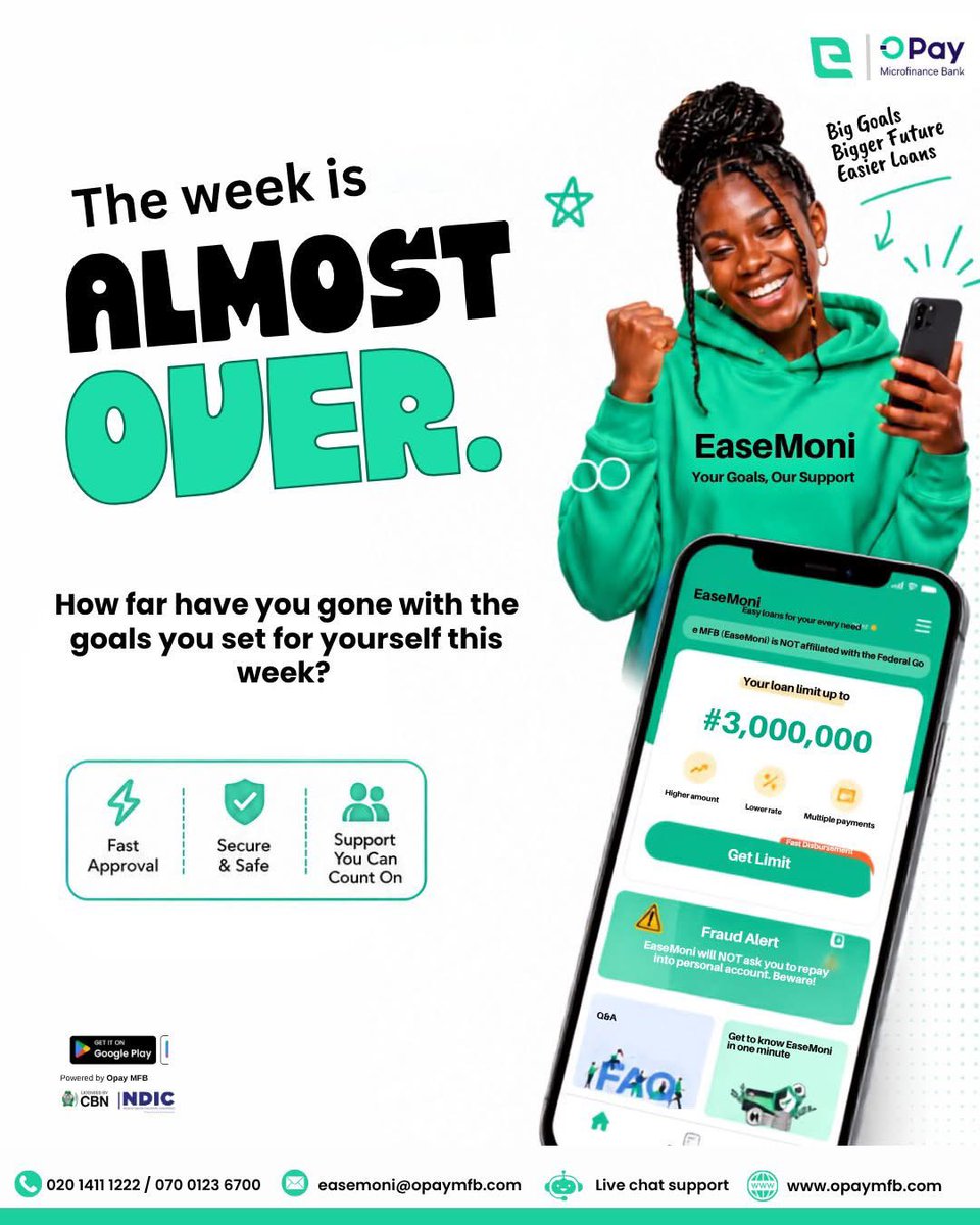 Easemoni_'s tweet photo. The week is almost over... 

Still chasing your goals? Don't let a lack of funds hold you back.

With EaseMoni, you can access up to ₦3,000,000 in quick loans for your business or personal needs.

Finish the week strong!

Download the EaseMoni App and apply https://t.co/ySZdireQG0