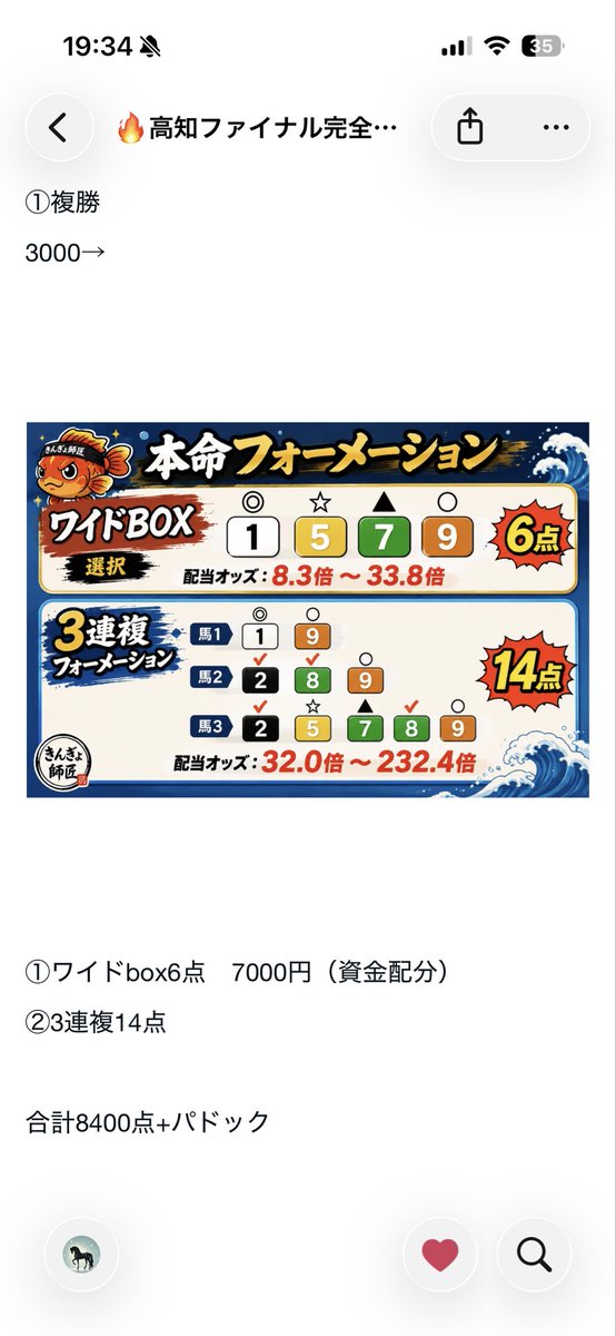 kusare242366's tweet photo. 🔥高知ファイナル8.1🔥
◯→◎→☆🎯
💰複勝330円

💰ワイド（総取り）🎯
💰950円（9.5）✖️1900円
💰1890円（18.9）✖️1000円
💰3530円（35.3）✖️600円

💰3連複20020円

パドック推奨1番手評価🥇（3番人気）

はい！
いいね💓とリポスト♻️よろしくね✌️ https://t.co/qyIJxdod8R
