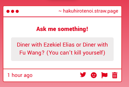 azuremush's tweet photo. I'm a black man with an Arab name. Why the fuck would I choose dinner with Zeke. Obviously Fu Wang https://t.co/9stJgF6ZHi
