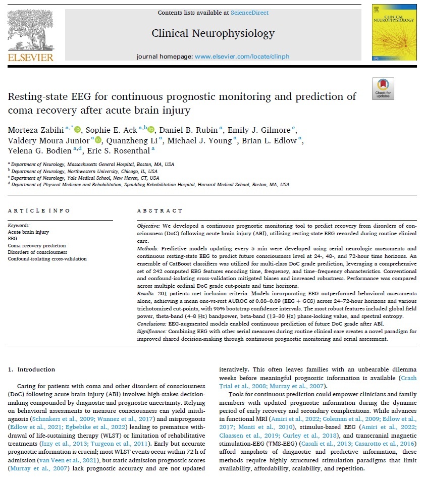 ClinicalNeuroph's tweet photo. [Editor’s Choice] Morteza Zabihi, Sophie E. Ack, Daniel B. Rubin, Emily J. Gilmore, Valdery Moura Junior, Quanzheng Li, Michael J. Young, Brian L. Edlow, Yelena G. Bodien, Eric S. Rosenthal. Resting-state EEG for continuous prognostic monitoring and prediction of coma recovery after acute brain injury. Clinical Neurophysiology 2026;188:2111899. https://t.co/M00MMvQU6U

Commentary: Clinical neurophysiological techniques such as EEG and evoked potentials play an important role in the prognosis of coma following acute brain injury. Accurate prognostic information is important to guide treatment decisions. In this volume of Clinical Neurophysiology, Zabihi et al. analyzed continuous EEG recordings in 201 patients with acute brain injury from traumatic brain injury, subarachnoid hemorrhage or intracerebral hemorrhage.  The authors used predictive models that update every 5 minutes to predict future level of consciousness at 24, 48 and 72 hours. The results showed that models that incorporate EEG with behavioral assessment outperform behavioral assessment alone. An advantage of continuous EEG compared to other methods such as functional MRI, stimulation-based EEG and TMS-EEG to assess consciousness is that it does not require specific stimulation procedures and is more widely available. This can be a useful technique to help with clinical decision-making in patients with disorders of consciousness from acute brain injury.

Robert Chen
Editor-in-Chief, Clinical Neurophysiology