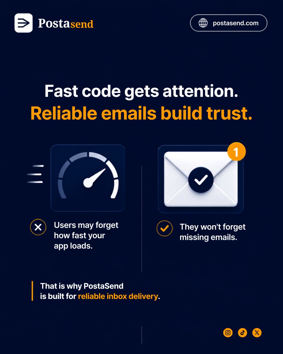 postasend's tweet photo. Fast code gets attention.

Reliable emails build trust. 

Users may forget how fast your app loads, but they won't forget missing emails.

That is why PostaSend is built for reliable inbox delivery.

Build fast.

 Deliver reliably.

#PostaSend #EmailAPI #EmailDeliverability https://t.co/dtF35woAsl