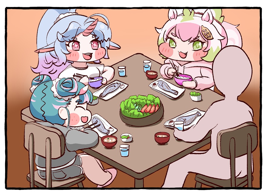 dai_goroh's tweet photo. うちの教団はモモも住み着いてるので一緒に住んでるなら４人で食卓囲んだりしてるし半年くらい過ぎたら部屋着もどんどんラフになっていってドンキで買ってきたような服着ててそう #トリッカル #Trickcal https://t.co/JbZF3zm0XM