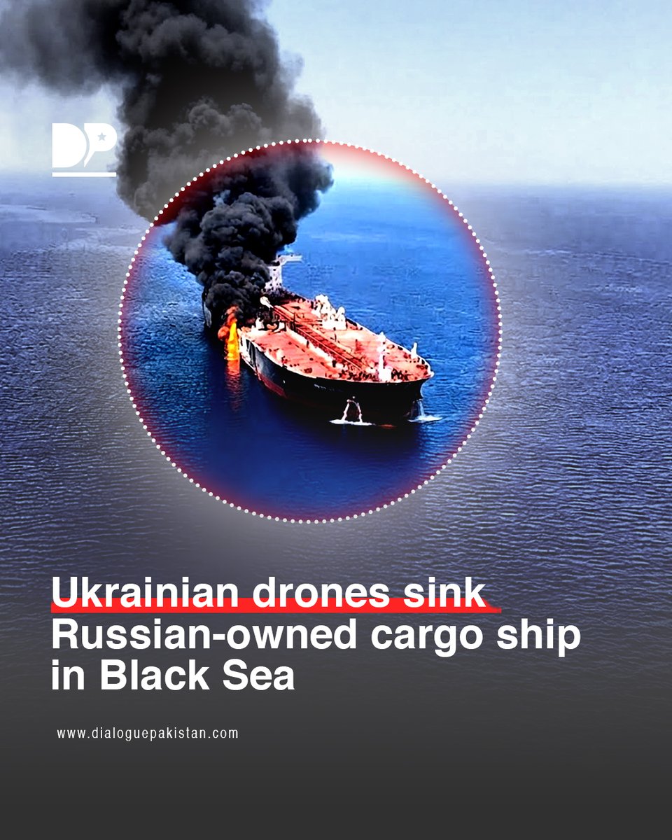 DialoguePak's tweet photo. A Russian-owned container ship has sunk in the Black Sea after being struck by Ukrainian drones, according to the vessel’s owner. The attack forced all 17 crew members to abandon the ship.

#DialoguePakistan #Ukrainian #Drones #Sink #Russia_Owned #cargoship #BlackSea https://t.co/RATYDrUq3Y