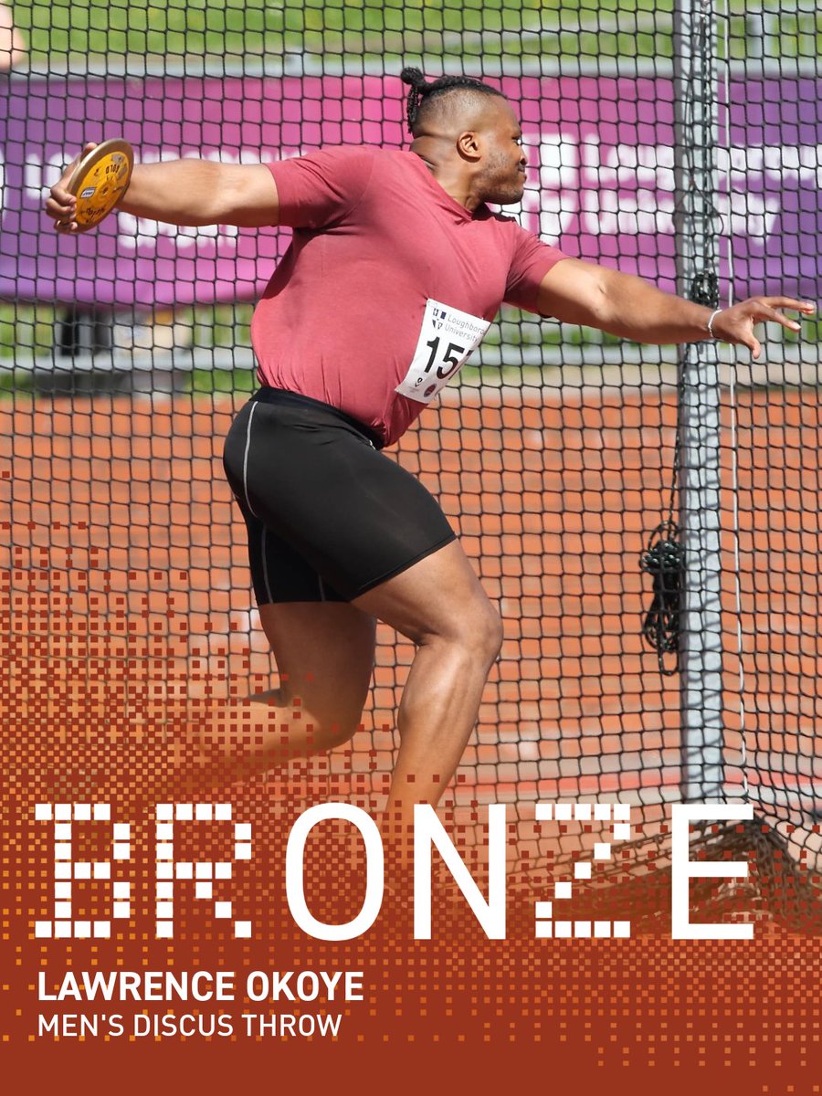 LboroSport's tweet photo. What a way to start the day! 🥉 

Loughborough-based Lawrence Okoye throws his way to BRONZE in the Men's Discus Throw, securing the first Loughborough medal of the day in Glasgow 👏💜

Congratulations, Lawrence!

#Lboro2Glasgow https://t.co/Heivd1ynmr