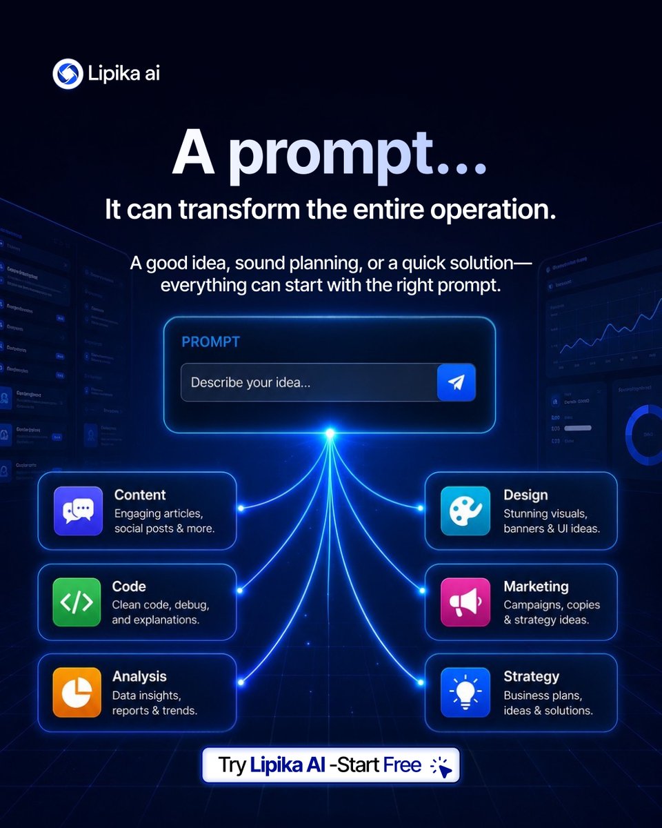 lipikaai's tweet photo. What if your next breakthrough starts with just one prompt?

Write, code, design, research, and create with chatgpt, gemini, claude, grok, and more—all in one workspace.

💡 One prompt. Endless possibilities.

🚀 Start free: https://t.co/A8EMRAM4QG

#lipikaai #ai #lipika https://t.co/UYroIeDYTv