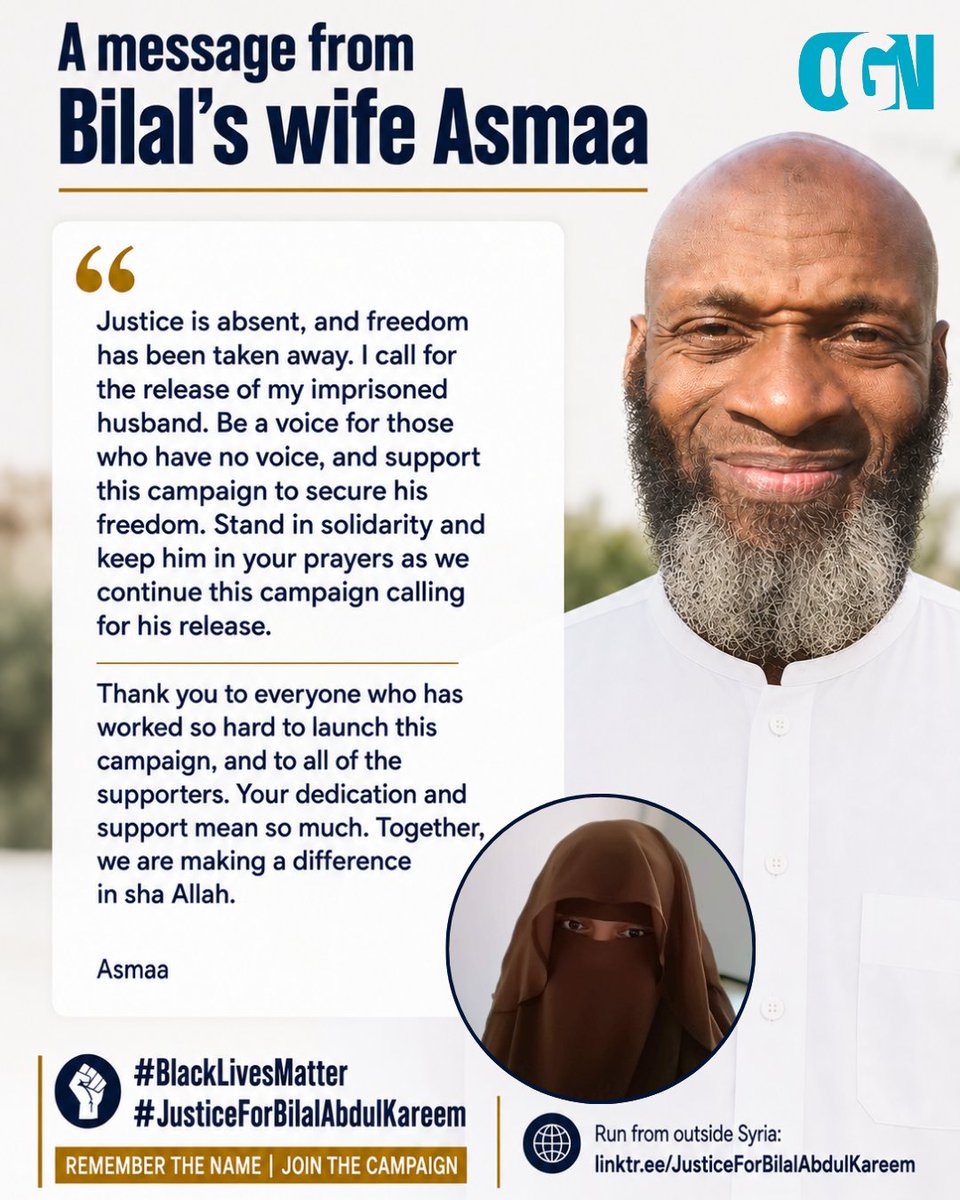 Justiceforbilal's tweet photo. 🔴 A message from @BilalKareem's wife Asmaa:

"Justice is absent, and freedom has been taken away. I call for the release of my imprisoned husband. Be a voice for those who have no voice, and support this campaign to secure his freedom. Stand in solidarity and keep him in your prayers as we continue this campaign calling for his release.

Thank you to everyone who has worked so hard to launch this campaign, and to all of the supporters. Your dedication and support mean so much. Together, we are making a difference in sha Allah." - Asmaa

#OGN #WORLDWIDE 

👉 Bilal Abdul Kareem's Story: https://t.co/bA9eOXE9Yd

#BlackLivesMatter
#JusticeForBilalAbdulKareem
REMEMBER THE NAME | JOIN THE CAMPAIGN
🌐 Run from outside Syria: https://t.co/HS0uAPeler