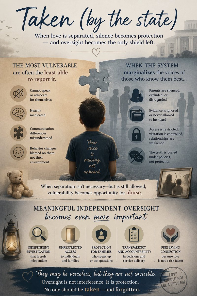 NatalieAnwar1's tweet photo. Parents, I need your help.

If your child was removed from your care by the state, or if you had your guardianship terminated, I would like to better understand what visitation has looked like for your family.

Please share only what you’re comfortable sharing.

Some questions that may help:

• Are you allowed to visit your son or daughter?
• Are your visits supervised or unsupervised?
• Are you allowed physical affection (hugs, kisses, holding hands)?
• Have there been restrictions on what you can say or bring during visits?
• Have you ever been told your visit would end immediately if you didn’t follow certain rules?
• Has your child ever appeared afraid to interact with you during visits?
• Were your visits ever reduced, suspended, or changed? If so, what reason was given?
• Have you been allowed private conversations with your child, or is staff always present?
• Do you feel your relationship with your child has been supported, or has it become more difficult since state involvement?

If you’re comfortable, please include:

• Your child’s age.
• Whether your child has autism, an intellectual/developmental disability, or another disability.
• Your state (or country).

My purpose is to better understand whether these experiences are isolated or whether there are common patterns affecting families. Every family’s situation is different, and I’m interested in hearing a range of experiences.

⸻

Finally…

If you could change one thing about the visitation process, what would it be?

Thank you to everyone willing to share your story.

💜

#iamamuse #motherofidenticaltriplets
#aidanbradenjaden #halleluyah