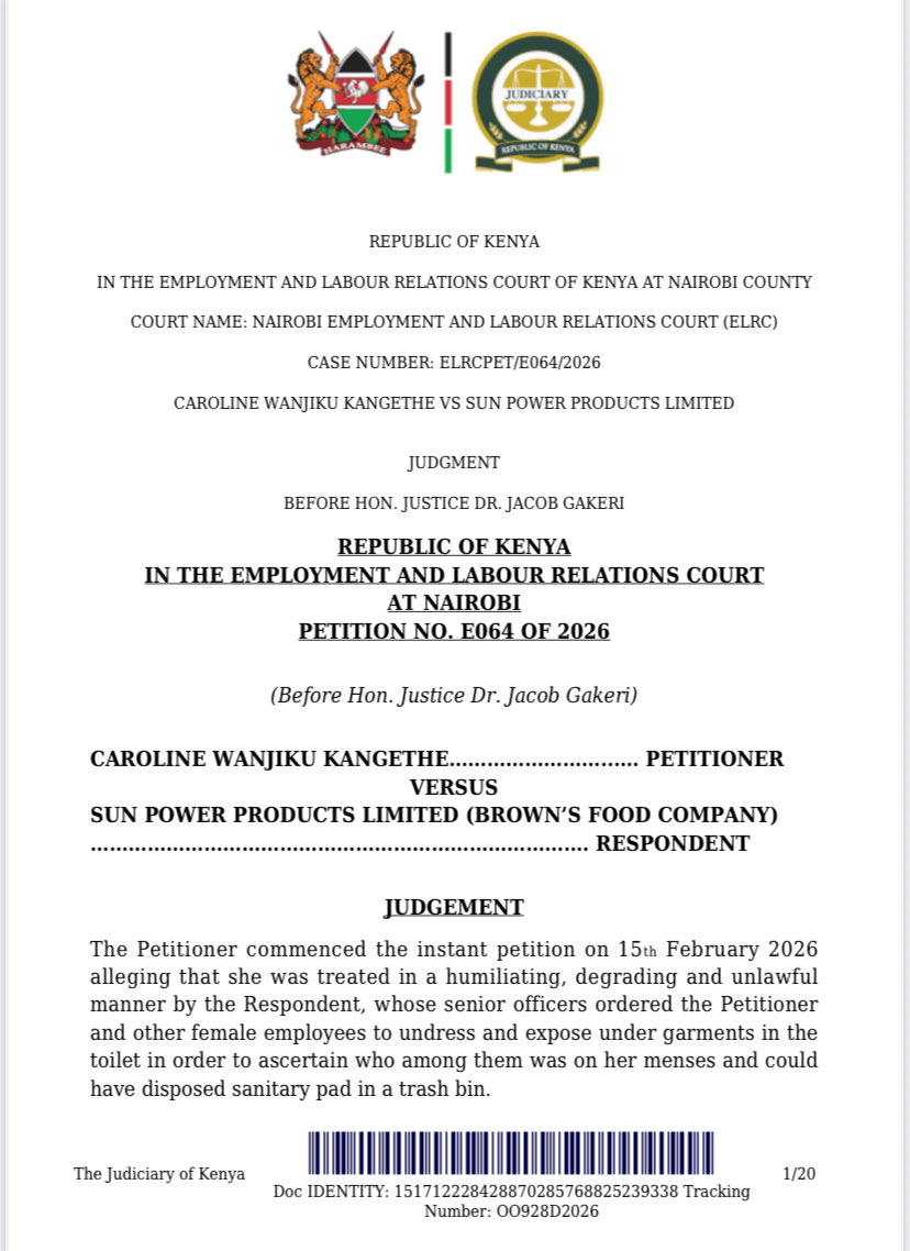 Lexken_EMSLaw's tweet photo. 🚨 Employer held liable for unconstitutional “menstrual verification” of female employees.

In Caroline Wanjiku Kangethe v Sun Power Products Limited (Brown’s Food Company), the Employment and Labour Relations Court considered the constitutional and employment-law implications of a deeply intrusive workplace incident.

A used sanitary towel was discovered in a waste bin at the workplace. In an attempt to identify the person responsible, the company’s Quality Assurance Manager and Human Resource Manager directed approximately 35 female employees to enter the toilets, expose their under garments and undergo what was described as “menstrual verification.”

The employer admitted that the incident occurred but argued that the two officers had acted independently and outside the scope of their duties. It had subsequently investigated and dismissed the officers and arranged counselling for the affected employees.

The Court nevertheless held the employer vicariously liable. Under the doctrine of vicarious liability, an employer may be held responsible for wrongful acts committed by its employees where those acts are sufficiently connected to their employment. Liability is not limited to conduct expressly authorised by the employer; it may also extend to deliberate, wrongful or unauthorised conduct committed in the course of employment.

In this case, the two officers had used the authority and responsibilities entrusted to them through their senior positions in Human Resources and Quality Assurance. Their conduct occurred at the workplace and was directed at employees who were subject to their authority. The Court therefore found that their employment and the wrongful conduct were inseparable. The employer could not avoid liability by arguing that the officers were acting on a “frolic of their own.”

The Court held that the exercise violated several constitutional rights. Article 28 of the Constitution protects every person’s inherent dignity and requires that dignity to be respected and protected. Article 29(f) protects every person against cruel, inhuman or degrading treatment, while Article 31 protects the right to privacy. The conduct also failed to meet the standards of fair labour practices guaranteed under Article 41.

The petition was also grounded on Sections 5 and 6 of the Employment Act, which address equality, discrimination and sexual harassment in the workplace. These provisions reinforce an employer’s responsibility to maintain a working environment in which employees are treated fairly and protected from discriminatory, humiliating or sexually intrusive conduct.

The Court further relied on Article 23(3) of the Constitution, which empowers courts to grant appropriate relief where a right or fundamental freedom has been denied, violated, infringed or threatened.

The Court ultimately declared the “menstrual verification” unlawful, unconstitutional, inhuman and degrading. It awarded the Petitioner KES 1,000,000 in damages for violation of her constitutional rights, together with the costs of the suit.

The decision is an important reminder that workplace policies alone do not shield an employer from liability where managers abuse the authority entrusted to them. Employers must ensure that dignity, privacy and fair labour practices are protected in practice and not merely on paper.