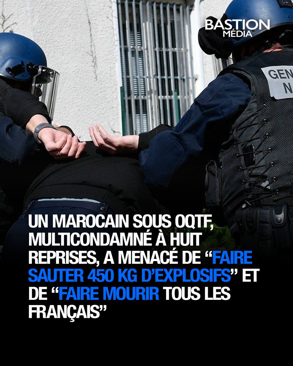 BastionMediaFR's tweet photo. 🔴🇫🇷 𝗙𝗟𝗔𝗦𝗛 𝗜𝗡𝗙𝗢 — Un Marocain multicondamné à huit reprises, sous OQTF, a menacé de « faire sauter 450 kg d’explosifs », de « faire mourir tous les Français », a fait l’apologie des attentats et déclaré qu’« Hitler avait raison ».

L’homme, arrivé en France en 1970, avait déjà été condamné cette année après avoir menacé « d’égorger tout le monde » dans les transports et affirmé porter une « ceinture d’explosifs ».

En mai 2026, il a été condamné à 12 mois de prison, dont 3 mois ferme, pour menaces de mort. Il n’a finalement effectué qu’un mois de détention, après deux mois de détention provisoire.

À sa sortie de prison, il a été placé en centre de rétention administrative, avant d’être remis en liberté sous assignation à résidence. Quelques jours plus tard, il était de nouveau interpellé puis reconduit en CRA.

Le tribunal a retenu une altération du discernement et prononcé un suivi sociojudiciaire de cinq ans avec injonction de soins psychiatriques. Il a été replacé en CRA et reste expulsable.

Son avocate annonce qu’elle exercera « tous les recours » contre cette mesure.

(Source : Le Parisien)