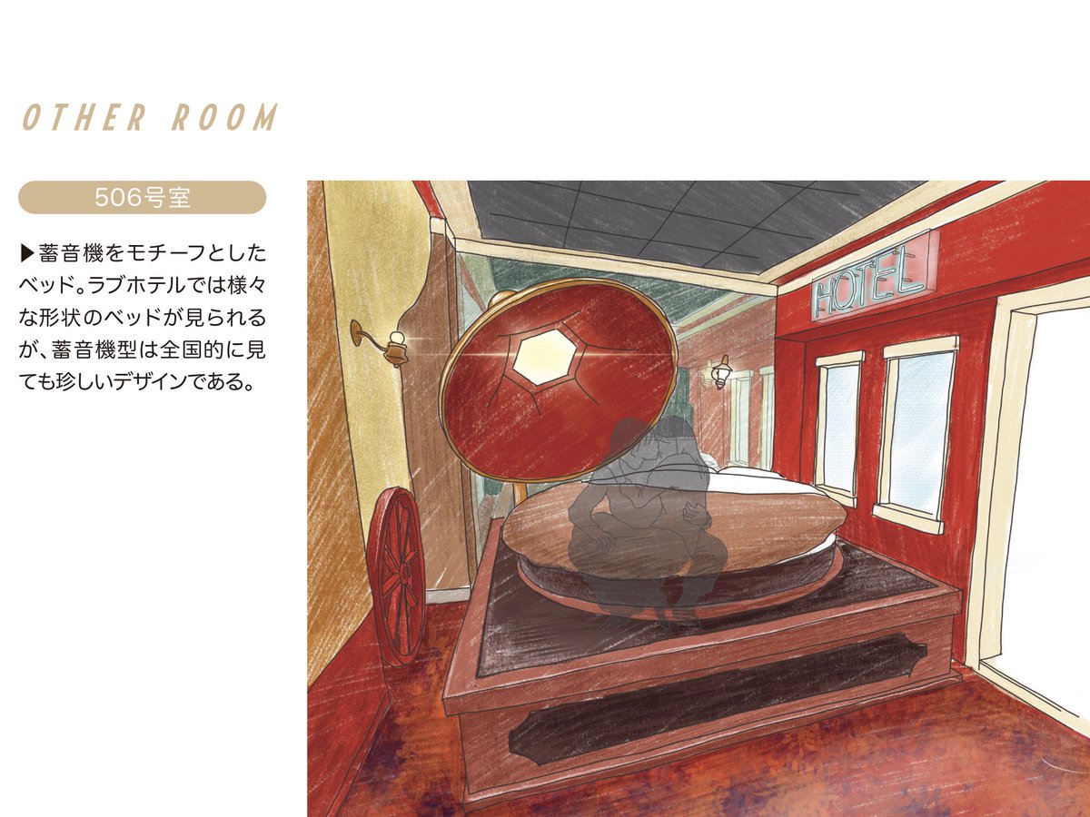 onitsuchi's tweet photo. 発売が今月に迫った私の初著書『#昭和レトロラブホ図鑑 』
スケッチには、空間のスケール感が分かるように人のシルエットを入れました。
なので漫画の背景資料としても役立つかもしれません。
自カプを不思議なラブホに押し込んで困惑させたい貴方にも是非！
ご予約はこちら↓
https://t.co/5ZtucZr78Y https://t.co/PTDquMkPk7