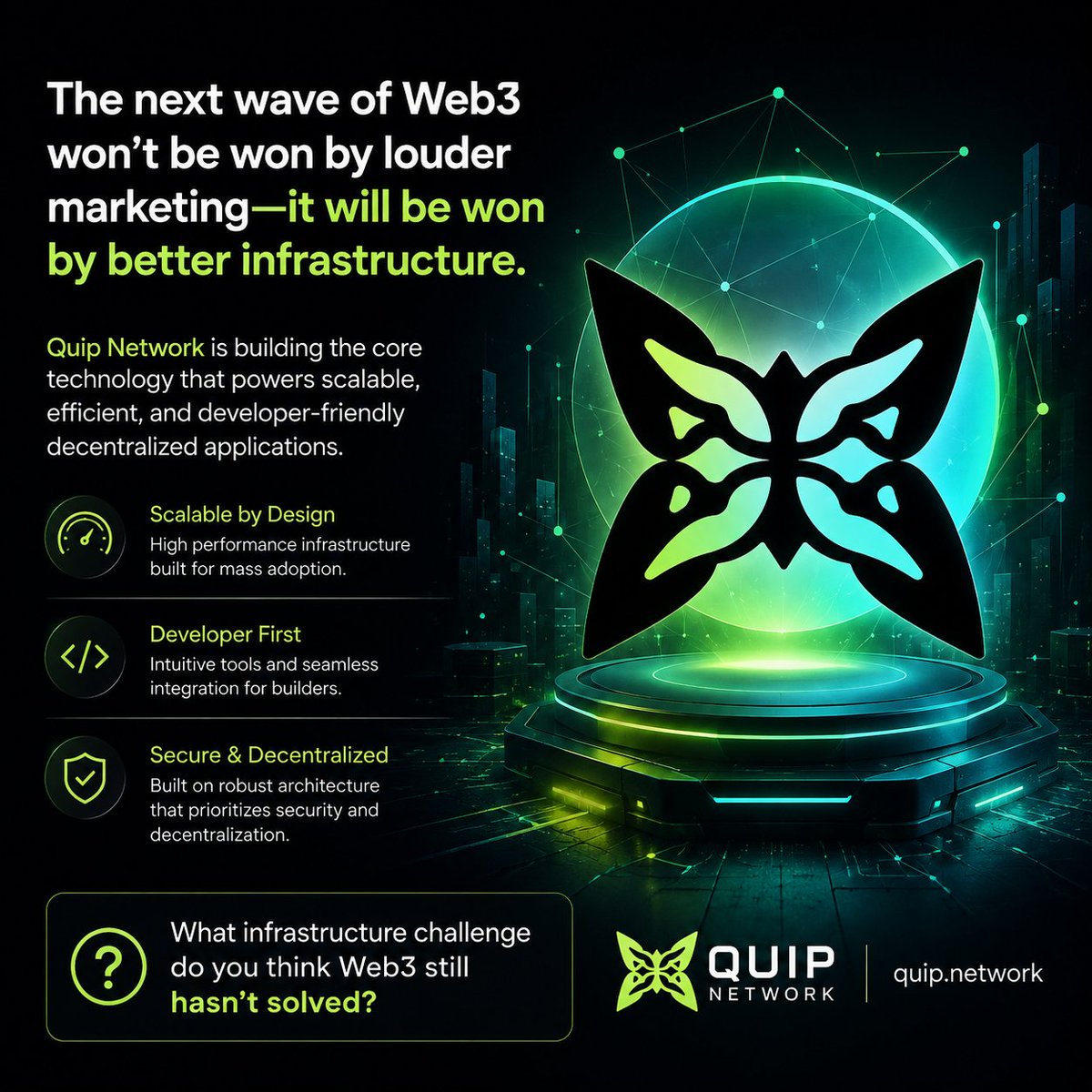 Hashemhd98's tweet photo. Real innovation isn't about hype. It's about solving the problems developers face every day.

@quipnetwork is building the core technology that enables scalable, efficient, and developer-friendly decentralized applications.

What infrastructure challenge Web3 still hasn't solved? https://t.co/PlHBtgmoYo