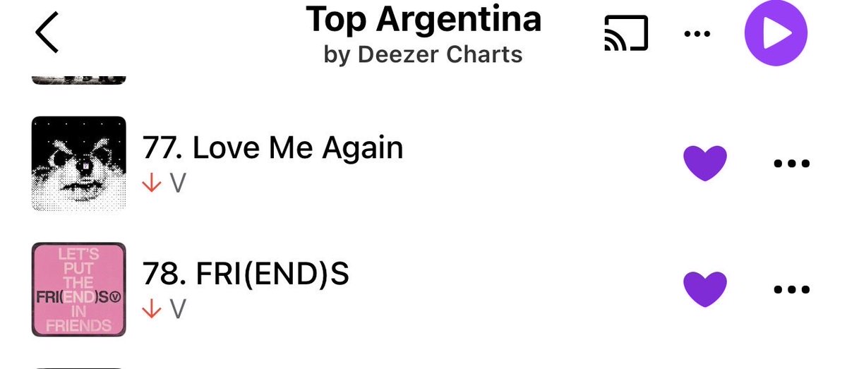 Taenationteam's tweet photo. 31/07/26       🇦🇷 ARGENTINA DEEZER UPDATE

21. Into The Sun
24. Slow Dancing
77. Love Me Again
78. FRI(END)S

A beautiful reflection of Taehyung’s timeless artistry and the steady love from fans in Argentina 💜

Thank you for streaming and supporting with so much dedication. Let’s keep pushing his music even further! 💜🔥🫂