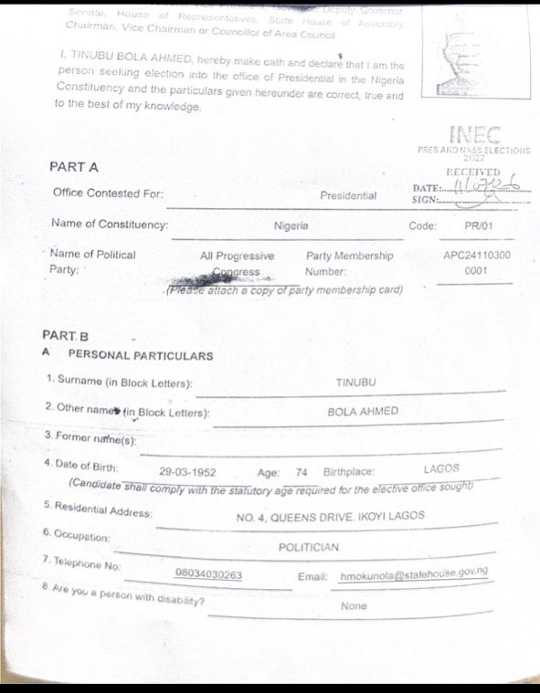 instablog9ja's tweet photo. INEC Publishes President Tinubu’s Credentials and Personal Particulars as APC’s Presidential Candidate for the 2027 Election https://t.co/LRIWsMsI2W