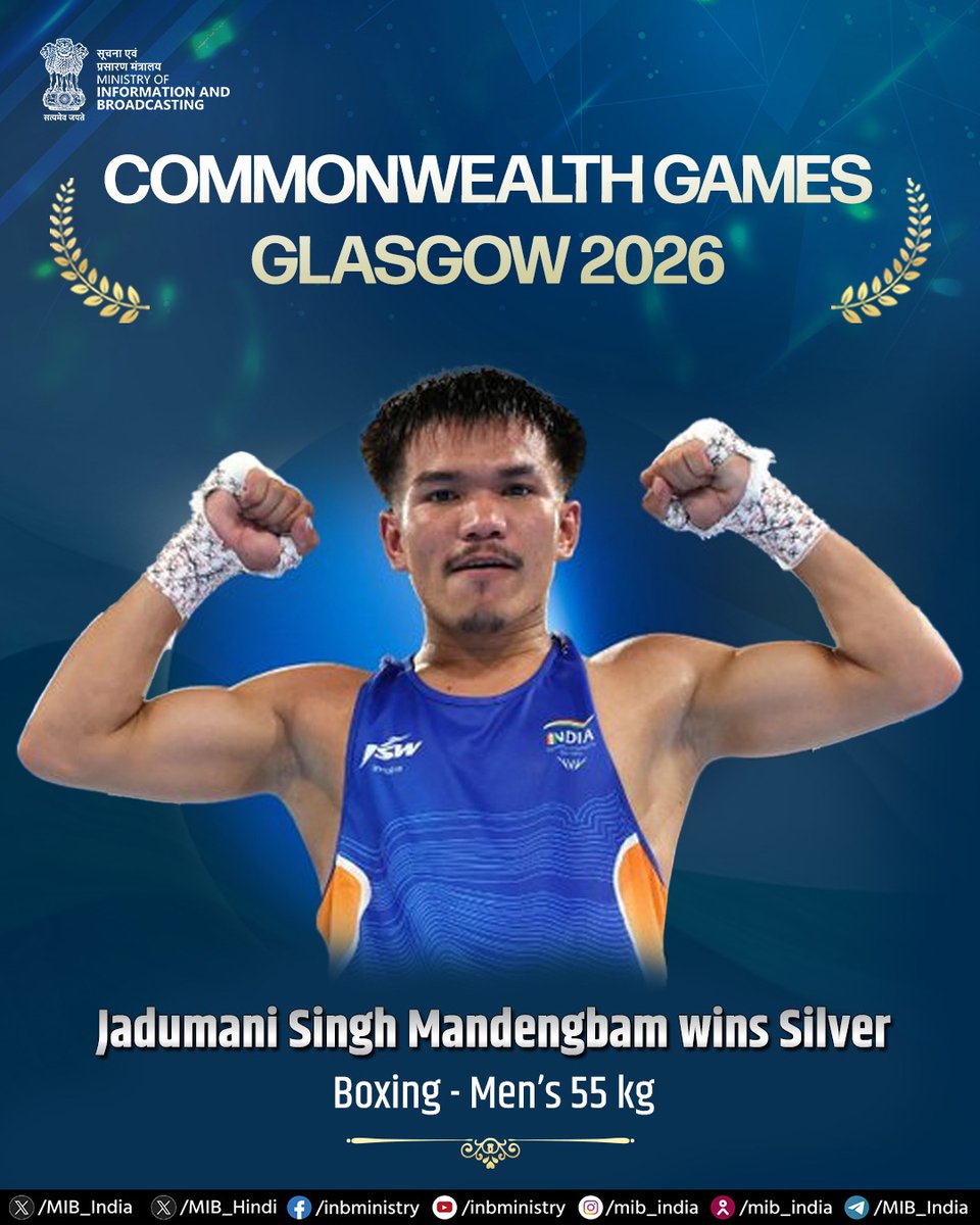 MIB_India's tweet photo. Another podium finish for India! 🥈🇮🇳

Jadumani Singh Mandengbam wins the Silver Medal in the Men's 55kg Boxing event at #CWG2026. https://t.co/VN9cchtfTs